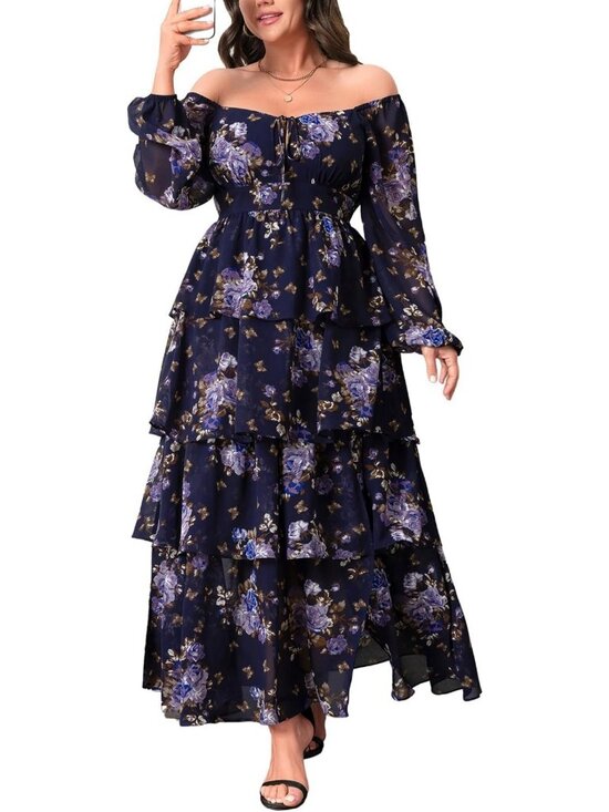 Dresses & Skirts - Plus Size Floral Tiered Long Sleeve Dress for Wedding Guests & Semi-Formal